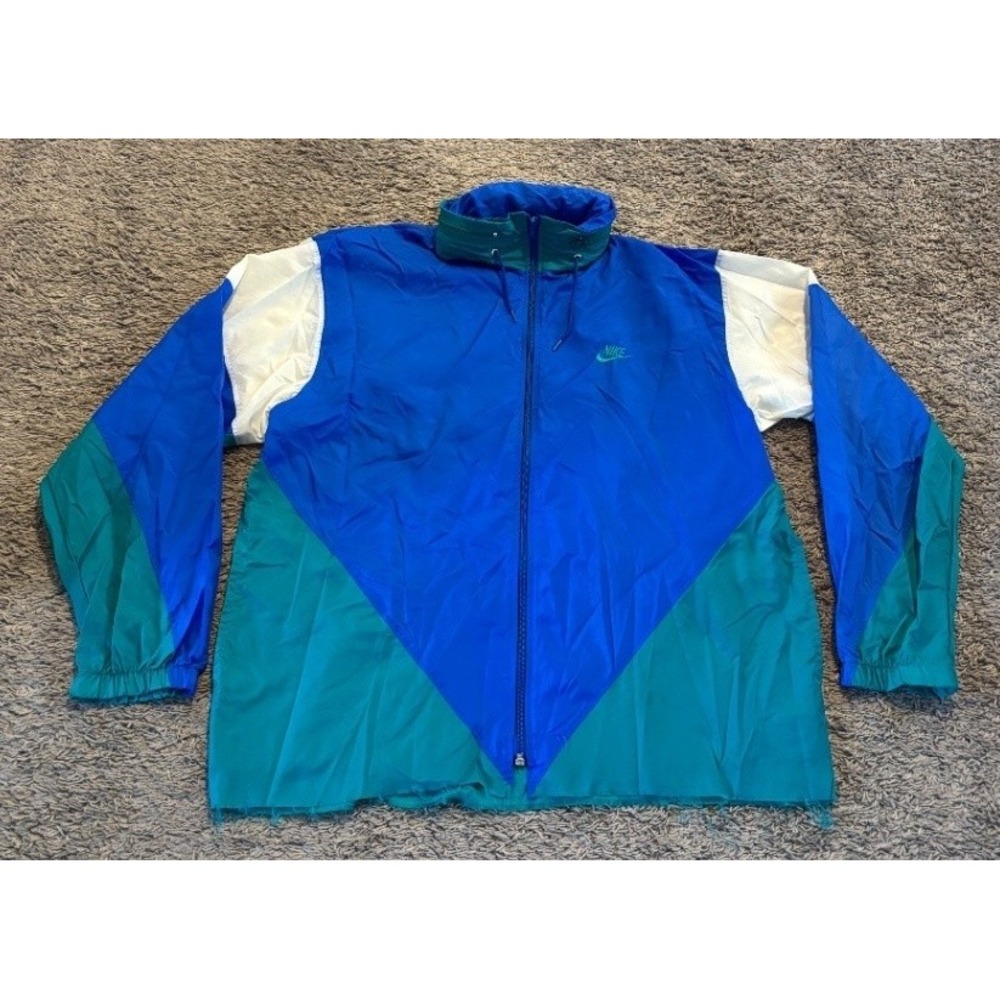 Vintage 80's Nike Men's M Colorblock Hooded Windbreaker Jacket Blue Teal White